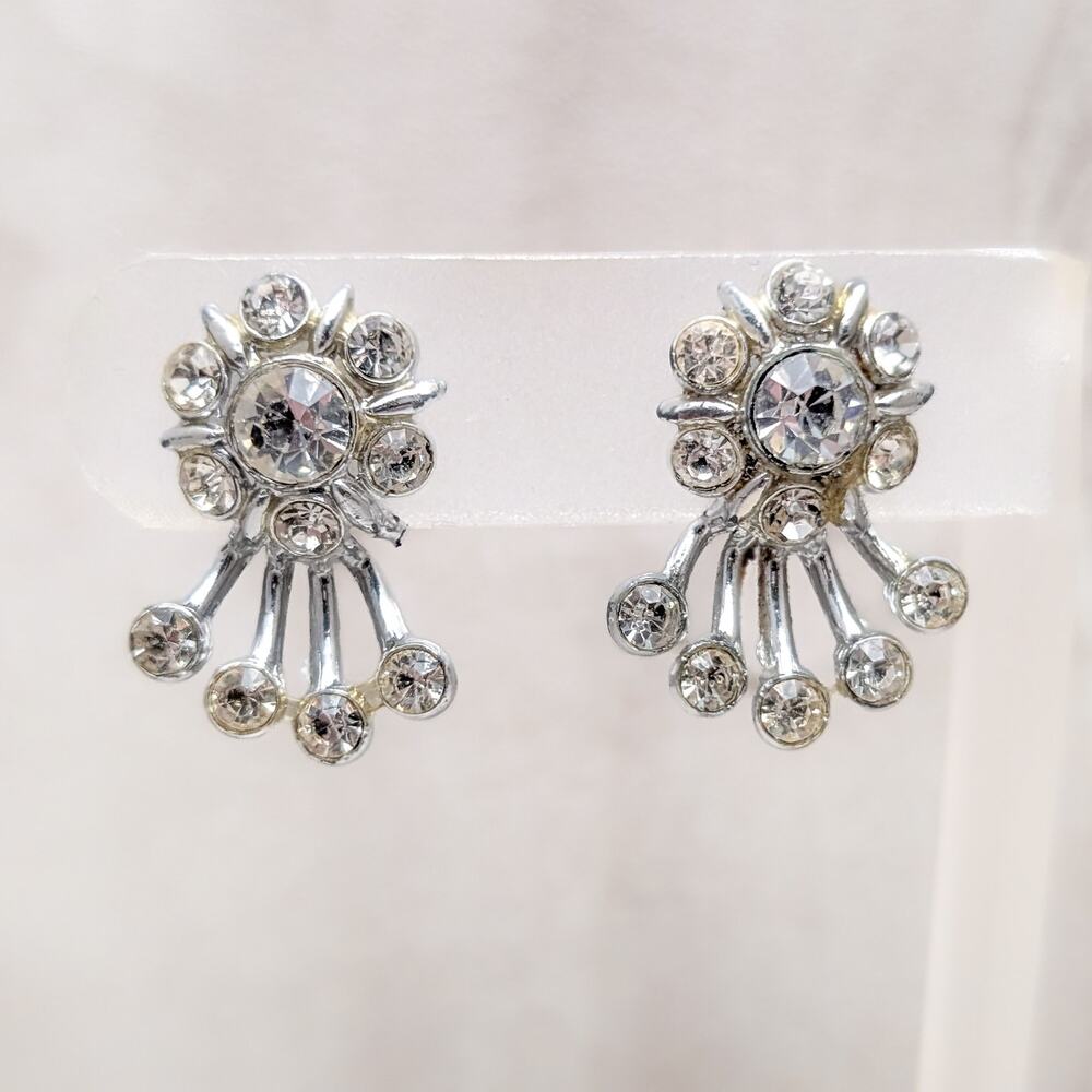Vintage Screw On Earrings Clear Gem Flower Like 1 & 1/8" - Condition Issues